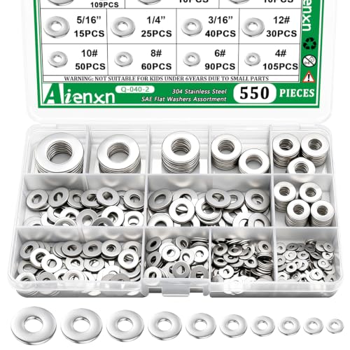 550PCS Flat Washers Assortment Kit, 12 SAE Sizes- 1/2, 7/16, 3/8, 5/16, 1/4, 3/16, 12#, 10#, 8#, 6#, 4#, 2#, (18-8) 304 Stainless Steel Washers for Screws, Metal Washers for Bolts SV 2# -1/2" (550PCS) Flat Washer