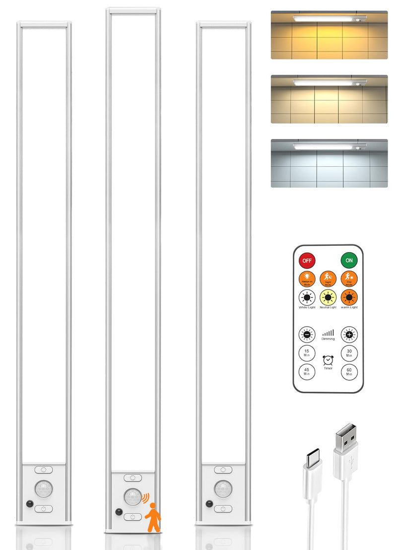 16in Under Cabinet Lighting with Remote Control,160 LED Motion Sensor Light Indoor,4000mAh USB Rechargeable Closet Lights,3 Color Temps Wireless Under Counter Lights for Kitchen,Pantry, Stair, 3 Pack White-16 Inch