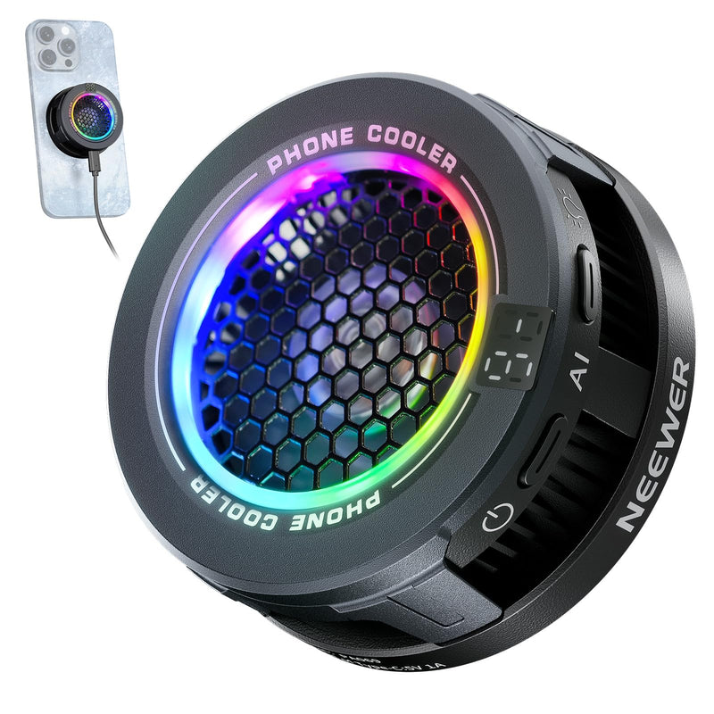 NEEWER BASICS Magnetic Phone Cooler, Low Noise USB Cooling Fan, PA069 | Smart Temp Control, RGB Light, Magnetic Ring & Clip, Compatible with iPhone 15 16 17 MagSafe Samsung iPad, for Gaming