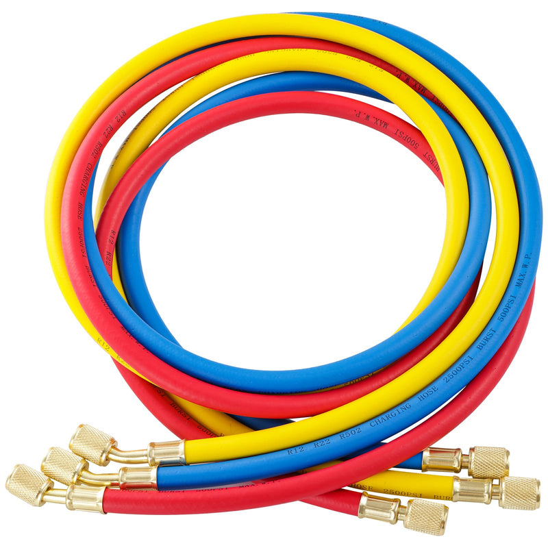 3 Pieces AC Manifold Gauge Hose Kit, R410A Refrigerant Charging Hoses 1/4 SAE, 5FT AC Manifold Gauge Hose Kit for R134A R410A R22 R404A, A/C Charging Hose 60‘’