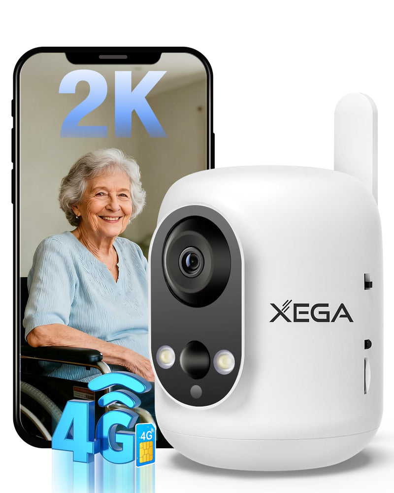Xega 4G LTE Cellular Security Camera Indoor Wireless, 2K No WiFi Camera for Baby/Pet/Elderly with Phone App, 355°P/60°T, 6000mAh Battery, PIR Detection, Cloud/TF, Not Waterproof, Built-in SIM Card