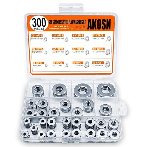 Stainless Steel Flat Washers Assortment Kit, SAE 304, 300-Piece Metal Screw Washers Set for Bolts, 8 Sizes #6; #10; #12; 1/4"; 5/16"; 3/8"; 1/2" Stainless Steel - 300Pcs