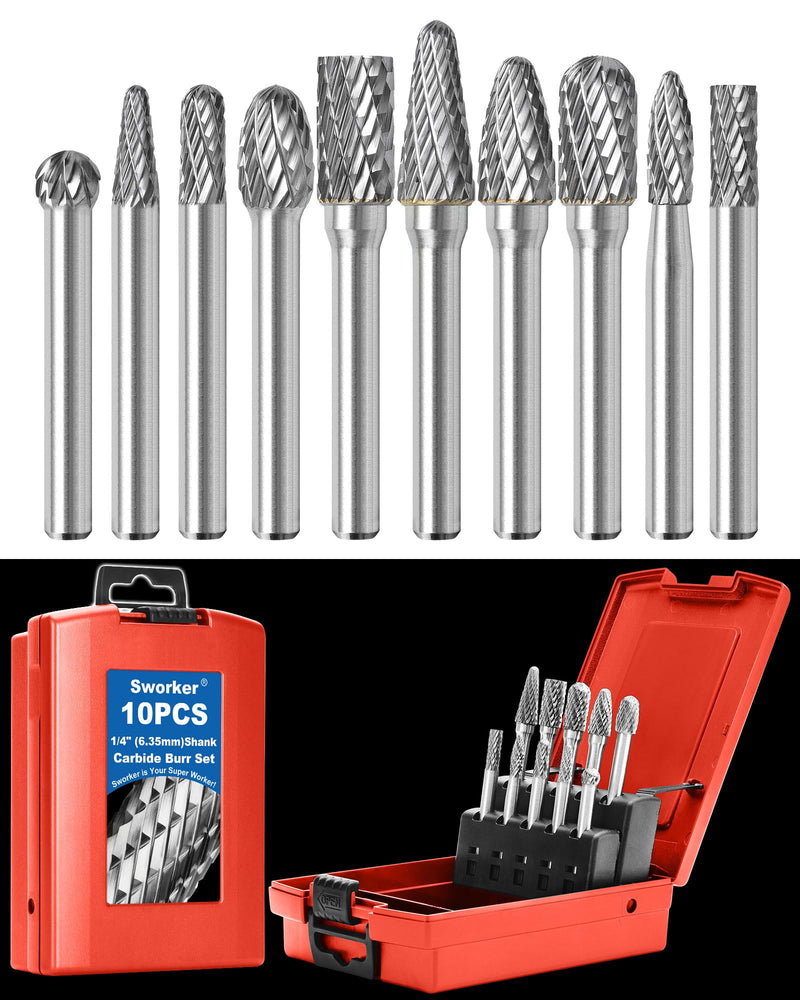 Sworker 10Pcs Carbide Burr Set 1/4 Shank w/Red Box Max Head Dia 10mm Die Grinder Bits Rotary Tools Attachment Kit Rasp Accessories Metal Wood Stone Steel Grinding Deburring Cutting Porting Carving