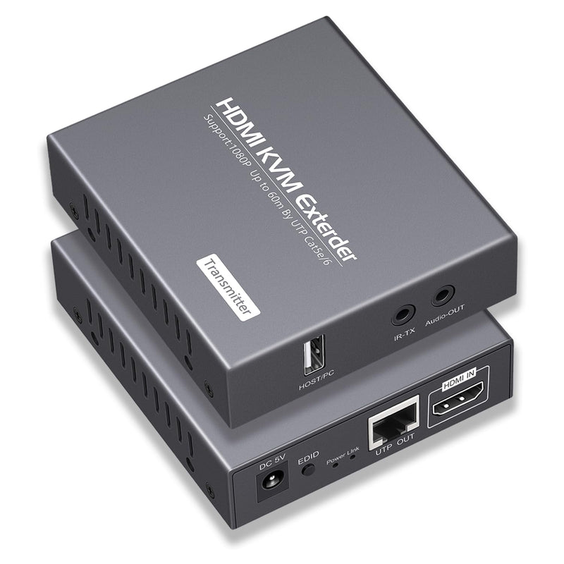 HDMI KVM Extender Over Cat5e/6 1080P Transmits Up to 196ft/60m, with 2 USB Ports Supports Mouse and Keyboard Remote Control, Feature Audio Extractor Function