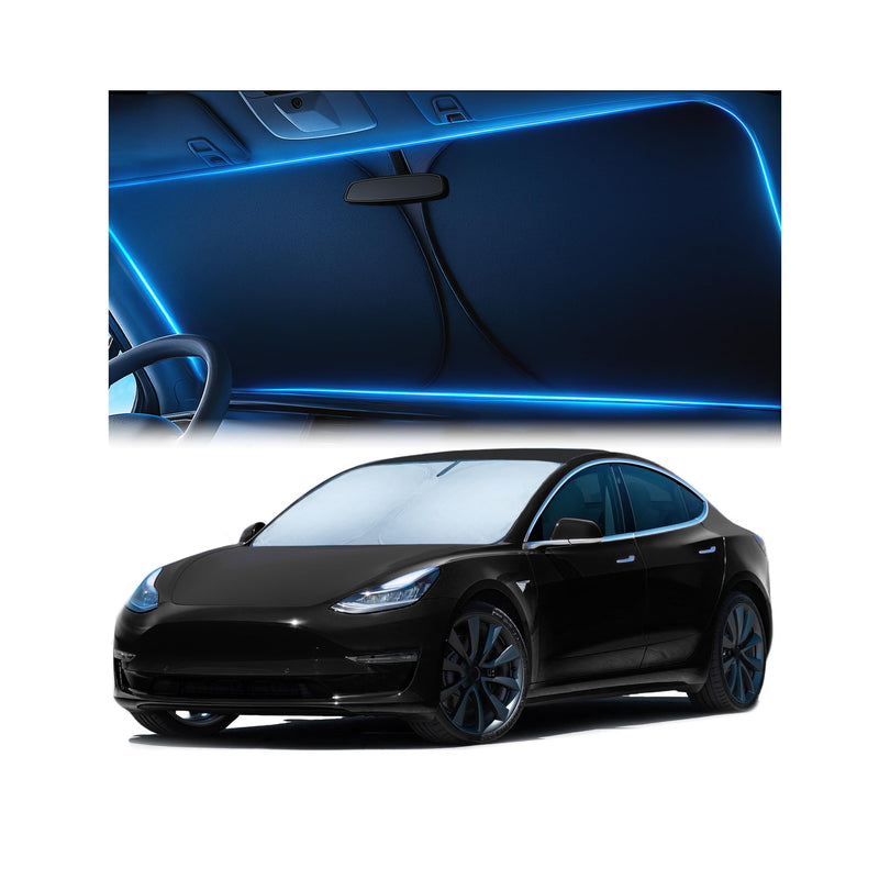 Windshield Sunshade for Tesla Model 3 and Model Y 2017-2025 - Innovative No-Light-Pass Technology, Mirror Cut-Out, Blocks 99% UV Rays, Fade-Resistant, Easy-Fold Model 3 Model Y Windshield Sun Shade fits Tesla Model 3/Y (2017 - 2025)