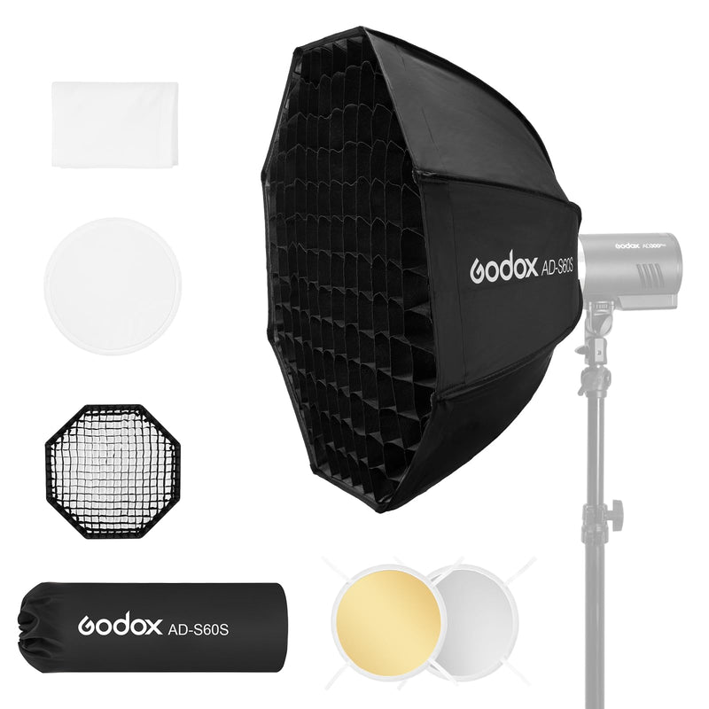 Godox AD-S60S Softbox Godox Mount Softbox 60cm/23.6inch with Grid Diffusers Reflector Carry Bag for AD400 Pro AD300 Pro Strobe Flash and ML100bi ML100RGB ML60 ML60Bi ML60II Bi ML30 ML30Bi LED Light