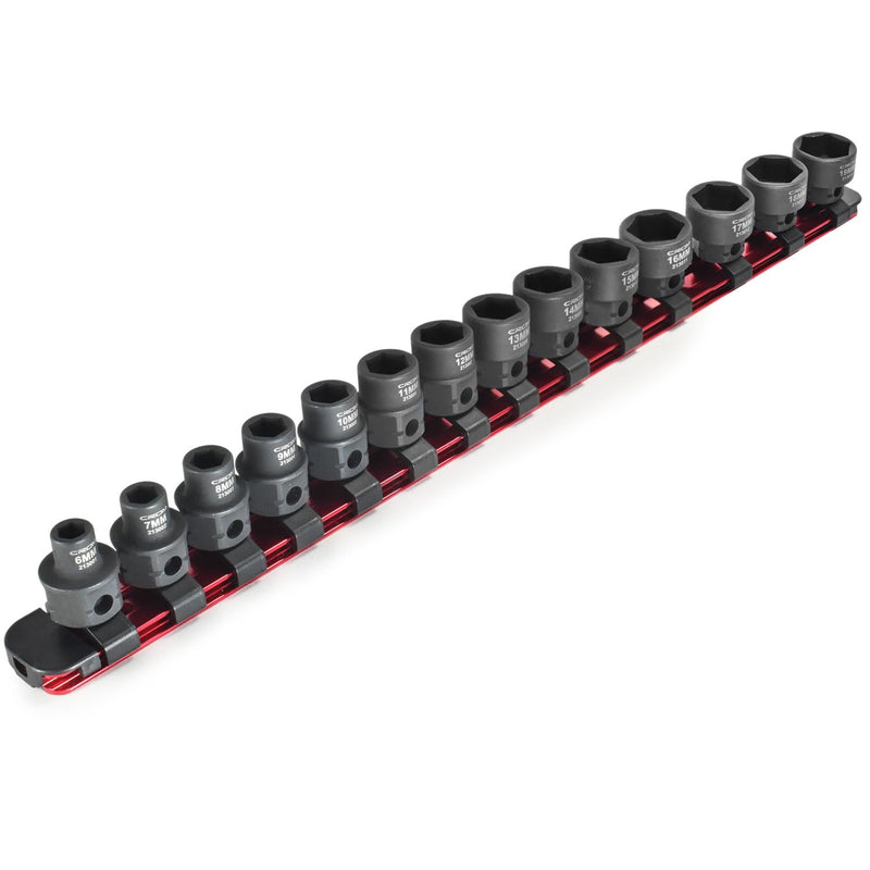 CROM Stubby Impact Socket Set - 14-Piece 3/8" Drive Metric 6-19mm Low Profile Socket Set, CR-MO Steel Nano Shallow Impact, Includes Aluminum Storage Rail (Metric 14 Piece) Metric 14 Piece