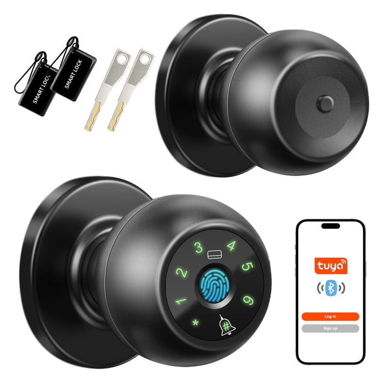 Kuelor Smart Lock Fingerprint Door Lock, 5-in-1 Keyless Entry Door Handle with Keypad & Doorbell, Touch/Code/Card/Key/App Control for Home Office Airbnb A-Black