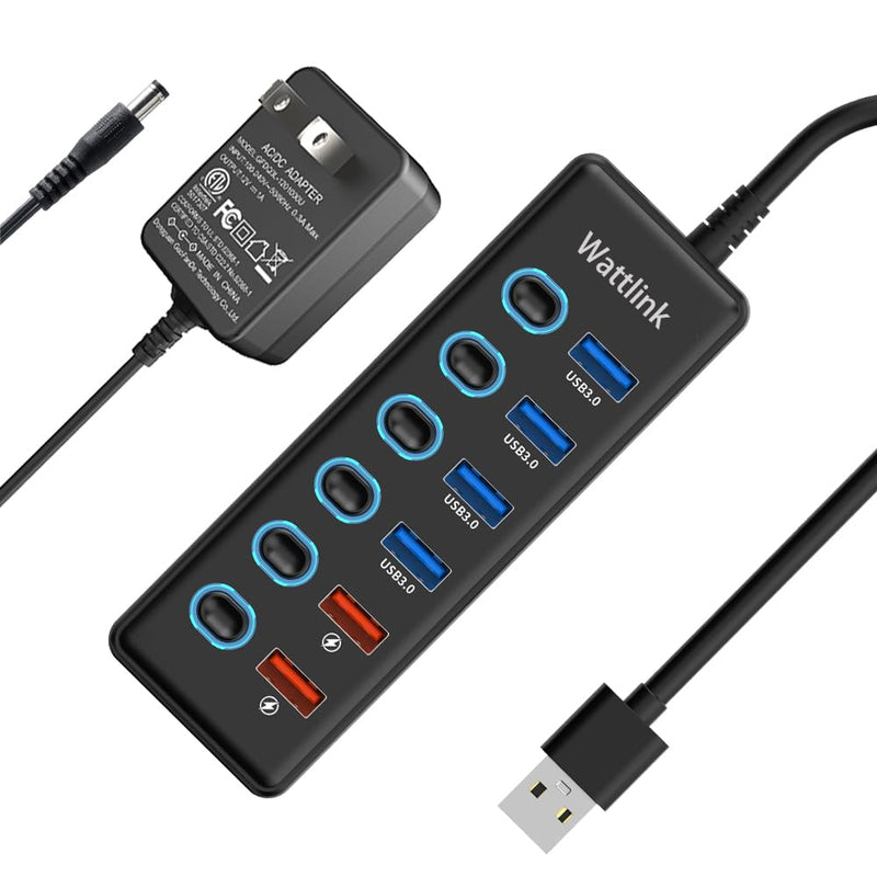 Powered USB 3.0 Hub, 6 Ports Hub Splitter with Power Adapter, 4 Data Ports + 2 QC 3.0 Fast Charging Ports, Individual LED Switches, Black
