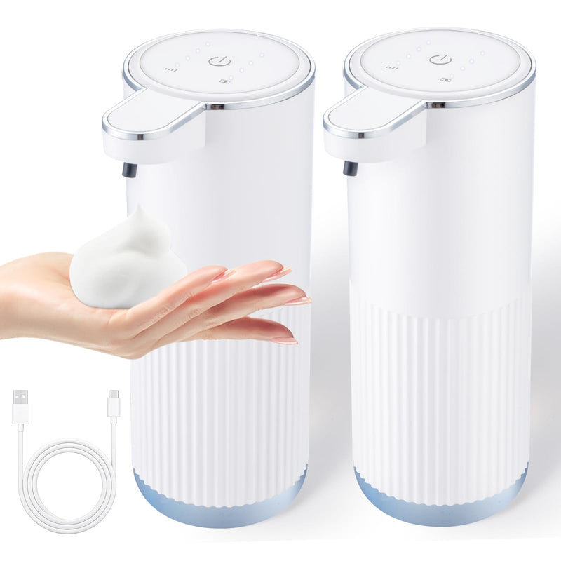 2 Pack Automatic Soap Dispenser Touchless, Rechargeable Foaming Hand Soap Dispenser, 4-Level Adjustable Foam for Bathroom Countertop, Electric (White) White