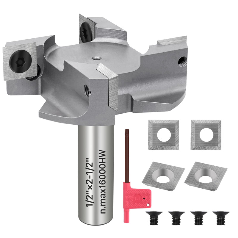 KEENTECH 1/2" Shank 2-1/2" CNC Spoilboard Surfacing Router Bit – Industrial-Grade Carbide Tipped, 4-Wing Replaceable Inserts, Slab Flattening Bit for Woodworking, Planing & Bottom Cleaning 1/2" Shank-2-1/2" Dia (4 Inserts)