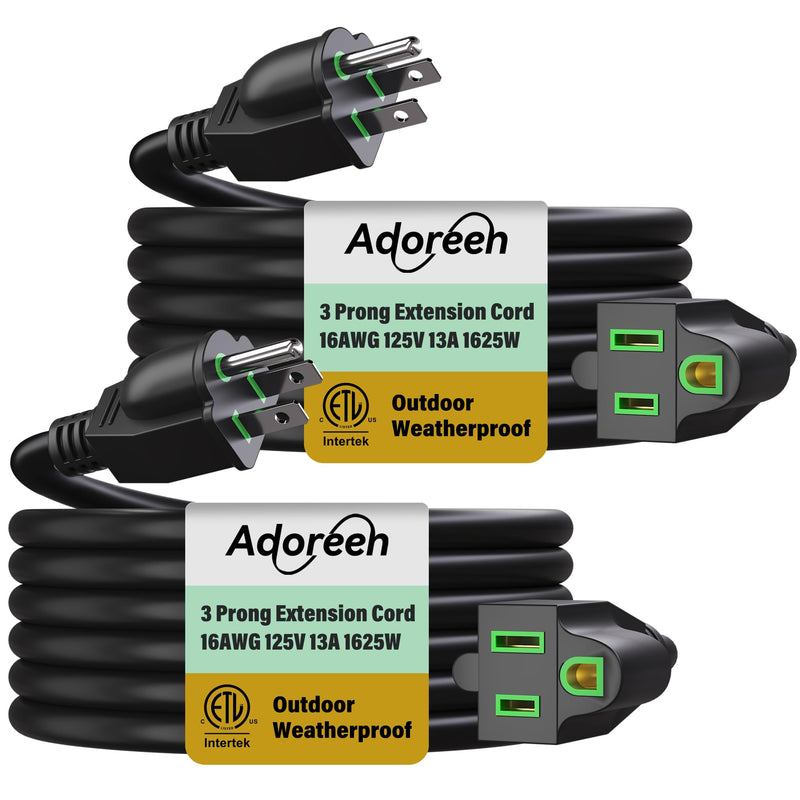 Adoreen Outdoor Power Extension Cord 30 Ft/2 Pack, 3 Prong 16 AWG Grounded Wire Heavy Duty Weatherproof Electric Cable for Indoor Christmas Light Lamp, 13A 125V 1625W, SJTW-ETL- Black with Green 30Ft/2 Pack
