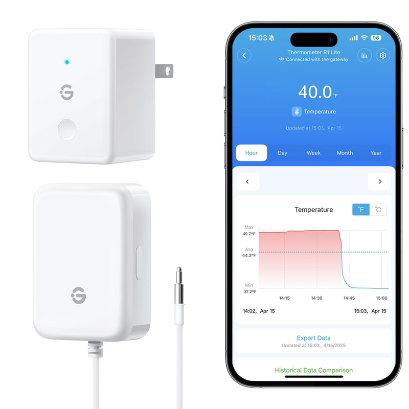 GoveeLife WiFi Refrigerator Thermometer with Alarm, Wireless Digital Freezer Temperature Gauge with App Control, 2 Years Free Data Export, for Home Kitchen Fridge Hot Tub(Only Support 2.4G Wi-Fi) 1 Gateway+1 Sensor