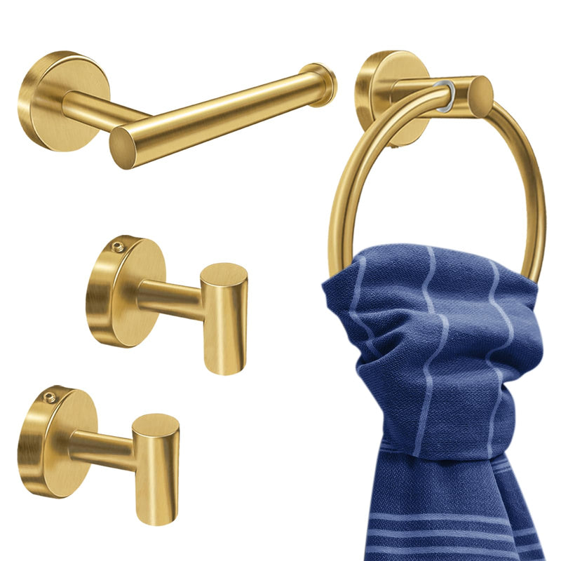 4Pcs Gold Bathroom Accessories Set, Brushed Gold Bathroom Hardware with Toilet Paper Holder,Towel Ring & Robe Hooks,Wall Mounted Stainless Steel Bathroom Hardware for Modern Home