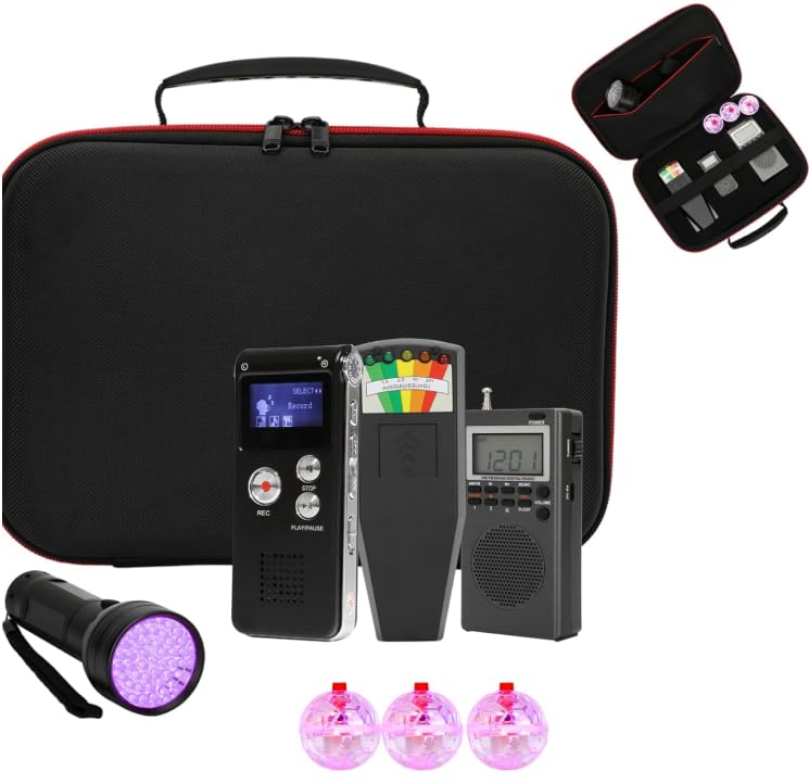 8 Pcs Ghost Hunting Kit with 1 EMF Meter,1 EVP Recorder,1 Spirit Box,1 UV Light,3 LED Light up Cat Balls & 1 Carrying Case UV Light Pro Kit