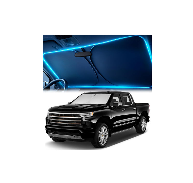 Windshield Sun Shade for Chevrolet Silverado 2019-2025 – Custom Fit Sun Shield with Mirror Cut‑Out, Blocks Heat & UV, Foldable with Storage Pouch - Chevy Silverado Windshield Sunshade for Chevrolet Silverado (2019 - 2025)