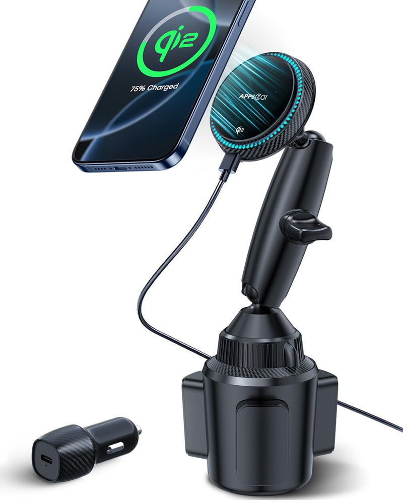 APPS2Car Upgraded for QI2 MagSafe Cup Holder Phone Holder Charger | 15W Fast Charging, Adjustable Tri-Pivot Arm, Wireless Magnetic Cell Phone Stand for iPhone 17 Air Pro Max Plus 16 15 14 13 12 MagSafe Mount-QI2 Charging