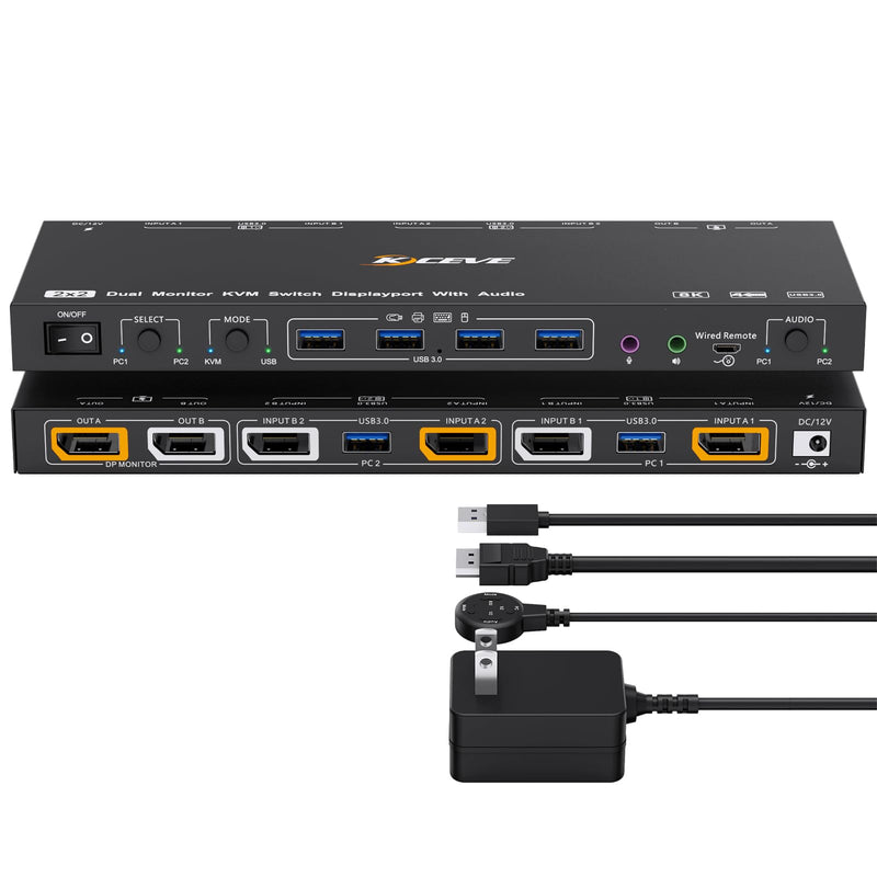 KVM/USB Mode KVM Switch 2 Monitors 2 Computers with Audio, ANXQQ 8K@30Hz 4K@144Hz USB 3.0 Dual Monitor KVM Switch Displayport, Share 4 USB Devices with Wired Control and Power Adapter 2 Computers 2 Monitor DP