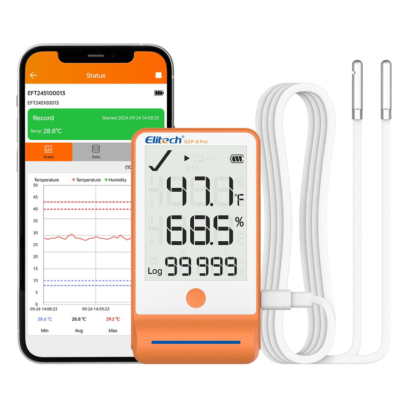 Elitech GSP-6 Bluetooth Data Logger Temperature Humidity for Refrigerator with Shadow Data 100000 Points Export PDF/CSV Report, Pharmacy Vaccine DDL Calibration Certificate, MAX MIN with Dual Probe GSP-6 Series GSP-6-TE/THE 100000Points 1