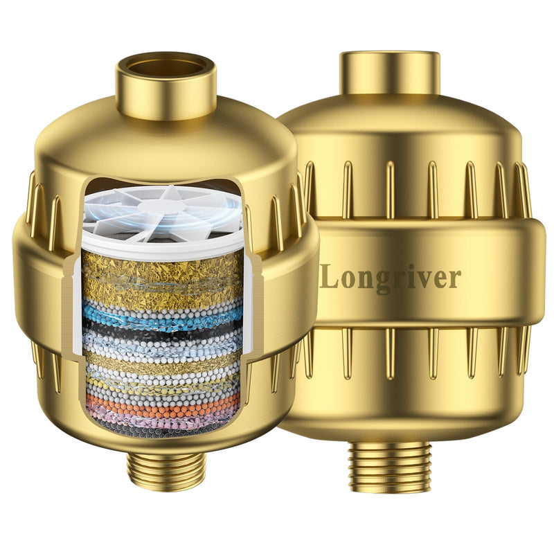 R7 Shower Filter High Put Shower Water Filter for Hard Water 99.99% Remove Chlorine, Shower Water Softener, Improve your skin and hair, Bathroom Fixture Hardware Parts, Brushed Gold, 2 Pack