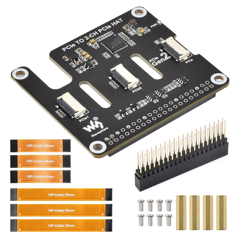 Waveshare 2-Ch PCIe FFC Adapter Board, Compatible with Raspberry Pi 5,Expands The PCIe Interface of The Pi 5 to 2-Ch PCIe FFC Connectors, Supports Stacking Multiple PCIe Hats