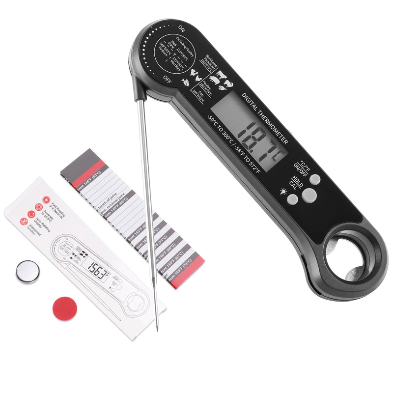 Meat Thermometer Digital - Food Thermometer with Bottle Opener for Cooking, Instant Read with Backlight & Calibration, Convenient for Grilling, Cooking, BBQ, Kitchen Use, Compact & Easy Storage Black