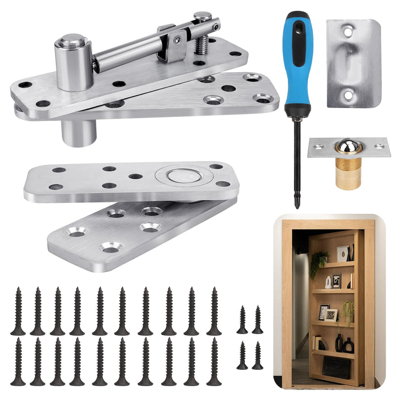 Hidden Door Hinge Pivot, 570lbs Heavy Duty Invisible Door Hardware for Secret Room & Concealed Bookcase, 360° Swing Door Hinge System (Silver) Silver