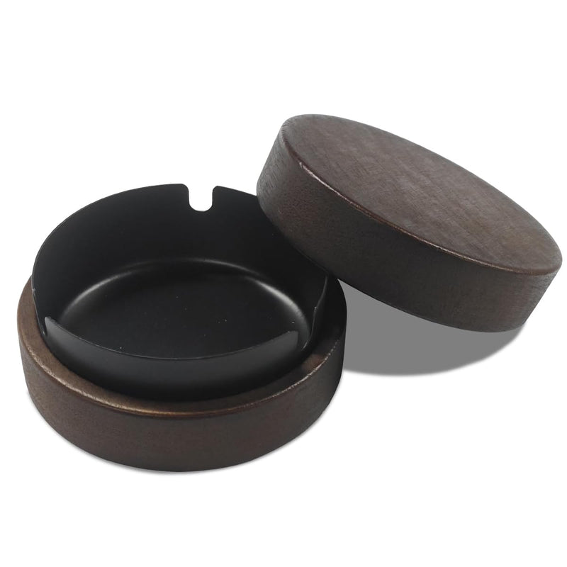 Portable Car Ashtray with Windproof Lid, Carry-on Smokeless Self-Extinguishing Cigarette Ashtray Cup Holder Mini Trash Can, Detachable Stainless Steel Wooden Ashtray for Home Office (Black) Black