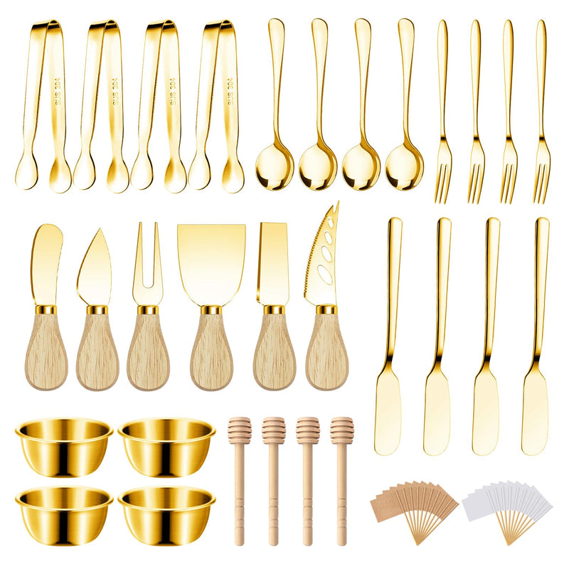 Charcuterie Boards Accessories Gold Charcuterie Utensils Cheese Butter Spreader Knife Set Small Serving Tongs Forks and Spoons Dipping Bowls Honey Dippers Toothpick Flags for Party Platter Appetizers