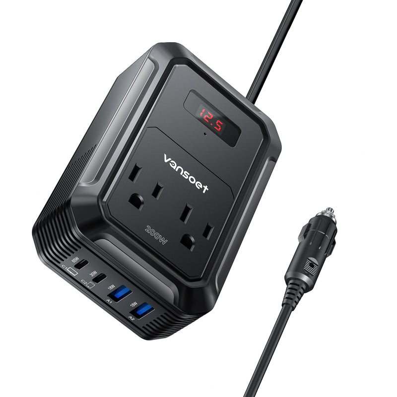 200W Car Power Inverter DC 12V to 110V AC Inverter with PD 65W/30W USB C & 2 QC 18W USB Ports & 2 AC Outlets,Car Pluɡ Adapter Outlet for Laptop/Phone/Road Trip Black