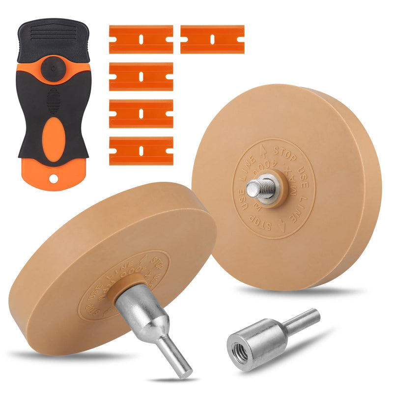 2pcs Rubber Eraser Wheel for Drill, Professional Car Sticker Remover Tool with 1 Plastic Scraper and Drill Adapters, Auto Decal Remover Wheel, Rapid Tint Removal Kit for Car Sticker Glue Vinyl Eraser 3.5 Inch