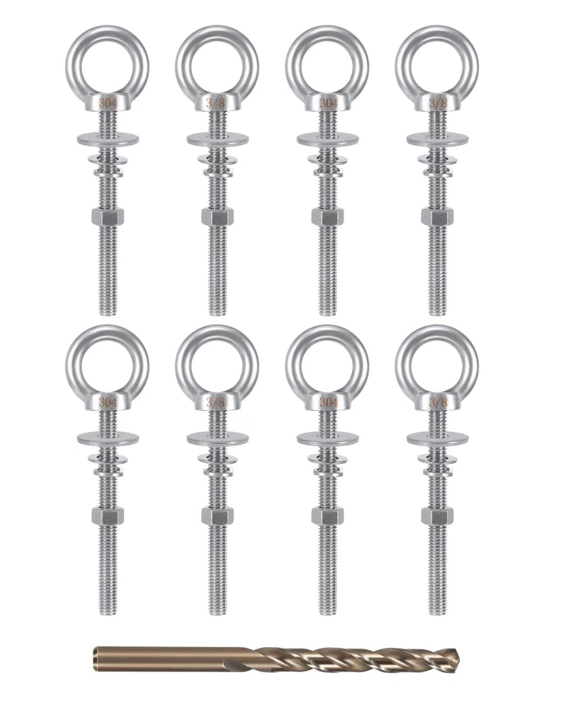 Eye Bolt with Nuts 3/8'' x 4'' (8 Pack), Imperial, Heavy Duty Stainless Steel 3/8-16 Long Eye Bolts, Bonus Drill Bit Included 8