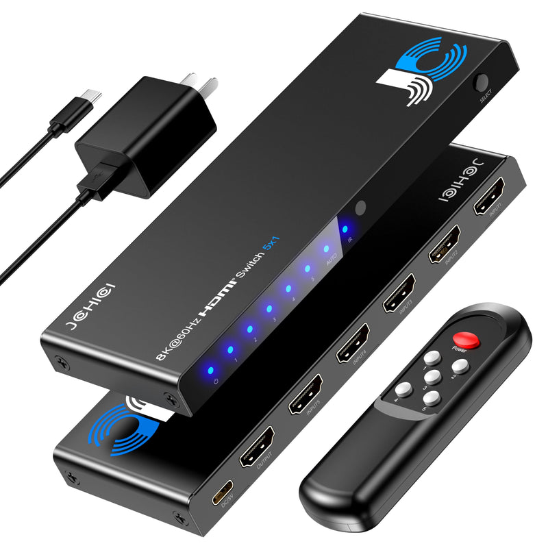 HDMI Switch 5 in 1 Out 8K@60Hz 4K@120Hz - HDMI 2.1 Switcher with Remote, Auto-Switching - Supports HDCP 2.3, HD R10, Dolby Vision, 3D, VRR - Compatible with PS5/Xbox/PC/Blu-ray Player 8K HDMI Switcher 5 port