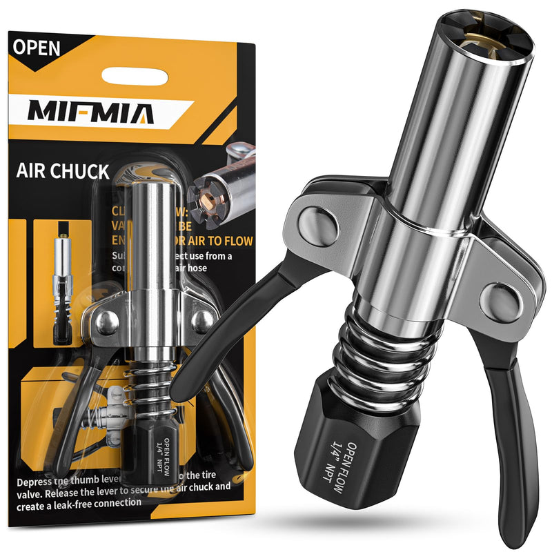 Locking Air Chuck, Heavy Duty Open Flow with Six Steel Jaws, Locks onto Any Tire Valve, No Leaks or Pop-Offs, Rated to 150 PSI - Open Flow