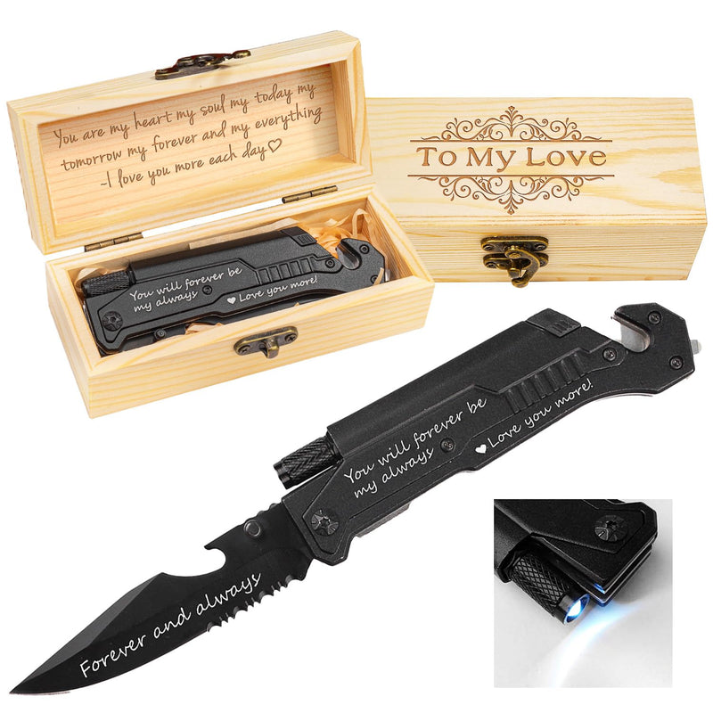 Husband Boyfriend Birthday Present, Pocket Knife with Box with 6 Functions, LED Light,Fire Starter,Bottle Opener,Seat Belt Cutter,Glass Breaker, Gift for Men, Anniversary, Father's Day Love-with box