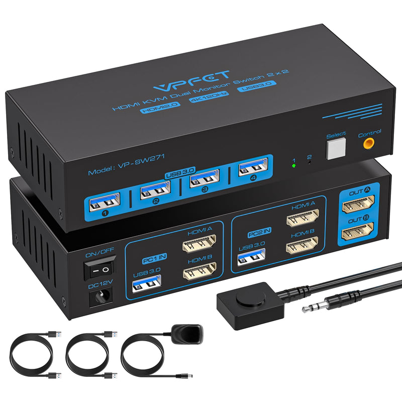 4K120Hz HDMI KVM Switch 2 Monitors 2 Computers 8K USB 3.0 KVM Switches for 2 Computers Share Dual Monitor and 4 USB Devices Support Extended/Copy Mode with DC 12V/1A&Wired Controller 2 PC 2 Monitors Deep Blue