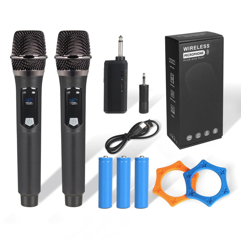 Wireless Microphone Set for Singing, Speech & Events, 2.4GHz Dual Cordless Mics with Rechargeable Receiver, 200ft Range, Metal Mic 2-Pack for Karaoke, Party, PA Systems（Black） Black