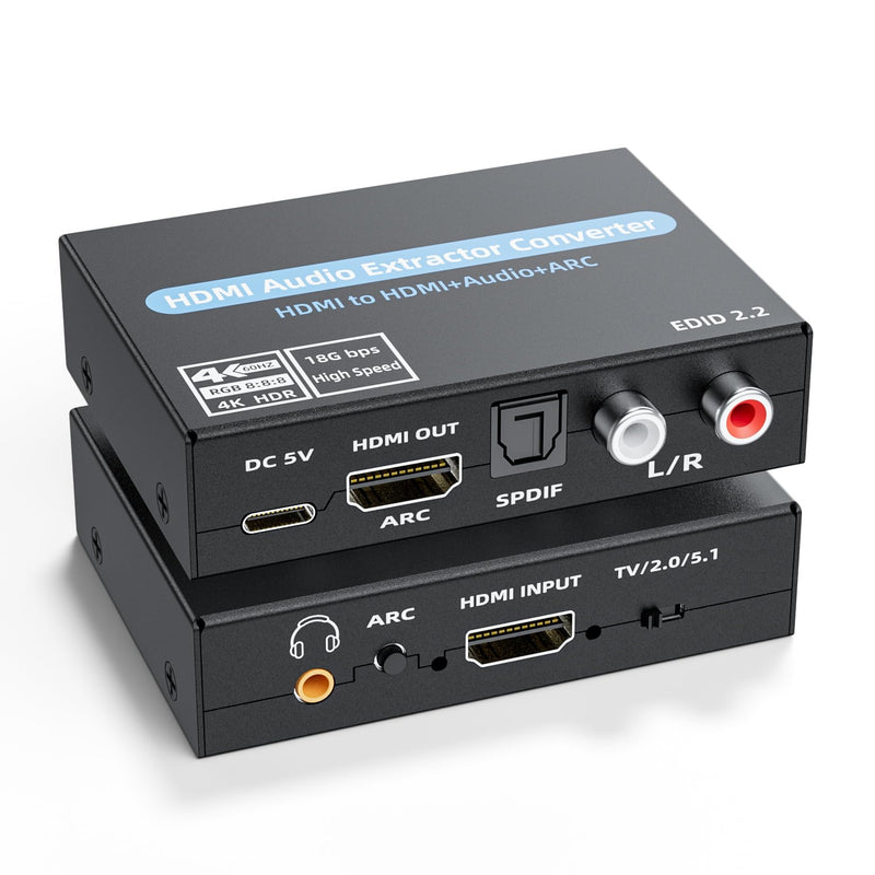 HDMI Audio Extractor Converter, 4K@60Hz Audio Adapter with Optical SPDIF + 3.5mm Stereo + Analog RCA L/R Audio Adapter, HDMI ARC Converter Supports 5.1 HDCP 2.2 HDR 18Gbps, for PS5 Xbox HDTV