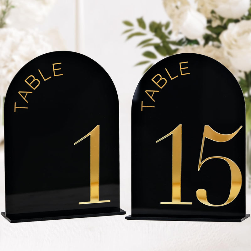 Black Arch Wedding Table Numbers 1-15 with Stand, 15 Pack 5x7 Inch Black Arch Acrylic Sign with Gold Number, Black and Gold Acrylic Table Numbers for Wedding Reception(Black and Gold) Table Number 1-15, 5"x7"