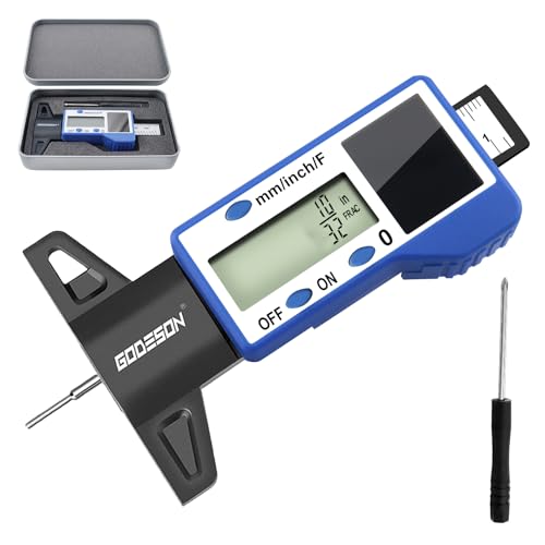 GODESON Digital Tire Tread Depth Gauge – 3 Modes-Fraction/Inch/MM Display, Solar & Battery Hybrid,1” (25.4mm/32NDS) Range, Blue Tire Wear Measure Tool for All Vehicles (Car, Truck, SUV) IN/MM/FRAC - Blue