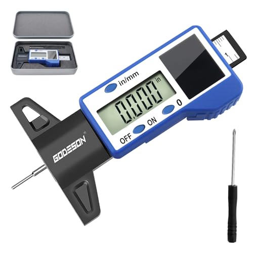 GODESON Digital Tire Tread Depth Gauge – Solar & Battery Hybrid, Inch/MM Modes, 1"/25.4mm Range, Blue Accurate Tread Depth Gauge Tool for Cars, Trucks & Motorcycles Tire Wear Check IN/MM - Blue