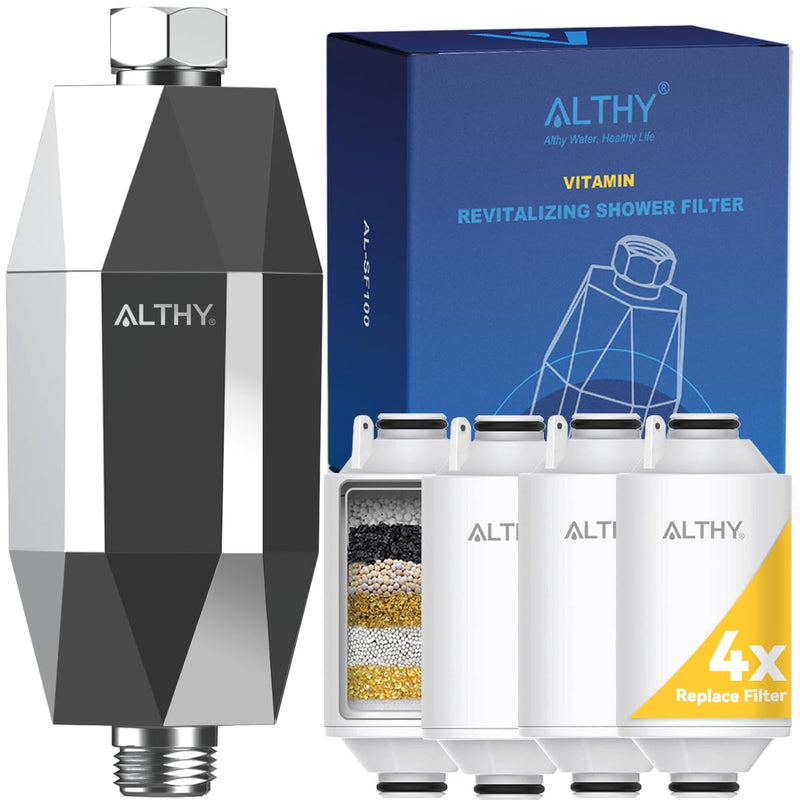 ALTHY Vitamin C Revitalizing Shower Head Water Filter - Reduces Chlorine, Heavy Metal & Softens Hard Water- Prevent Dry Itchy Skin, Hair Loss, Dandruff - Chrome (Includes 4 Filters)