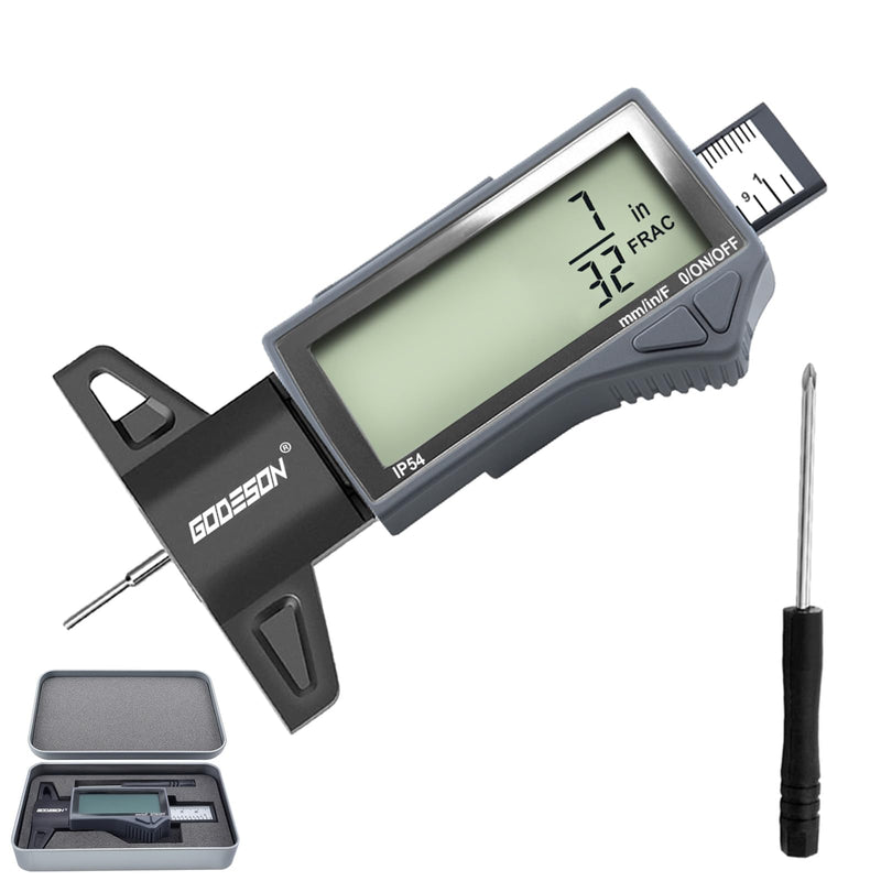 GODESON Digital Tire Tread Depth Gauge - IP54 Waterproof, 2.5" LCD Screen, 3 Modes (Fraction/Inch/MM), 1" Range, Auto-Off, Tire Wear Measure Gauge Tool 32nds for Car, Truck & SUV Tires IP54 IN/MM/FRAC - Grey
