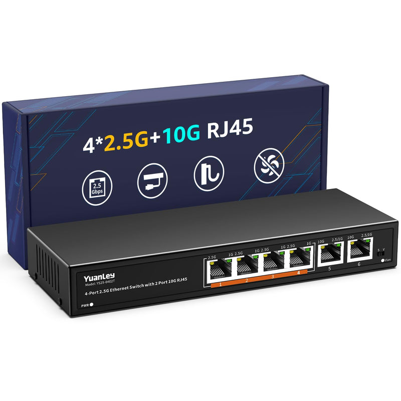 6 Port 10G Ethernet Switch Unmanaged, 4 x 2.5G Base-T Ports, 2 x 10Gb RJ45 Ports, Compatible with 100/1000/2500Mbps, Metal Fanless, VLAN, YuanLey 2.5Gbe Network Switch for 2.5G/10G NAS, Wireless AP 6 Port | 4x2.5G +2x10G RJ45