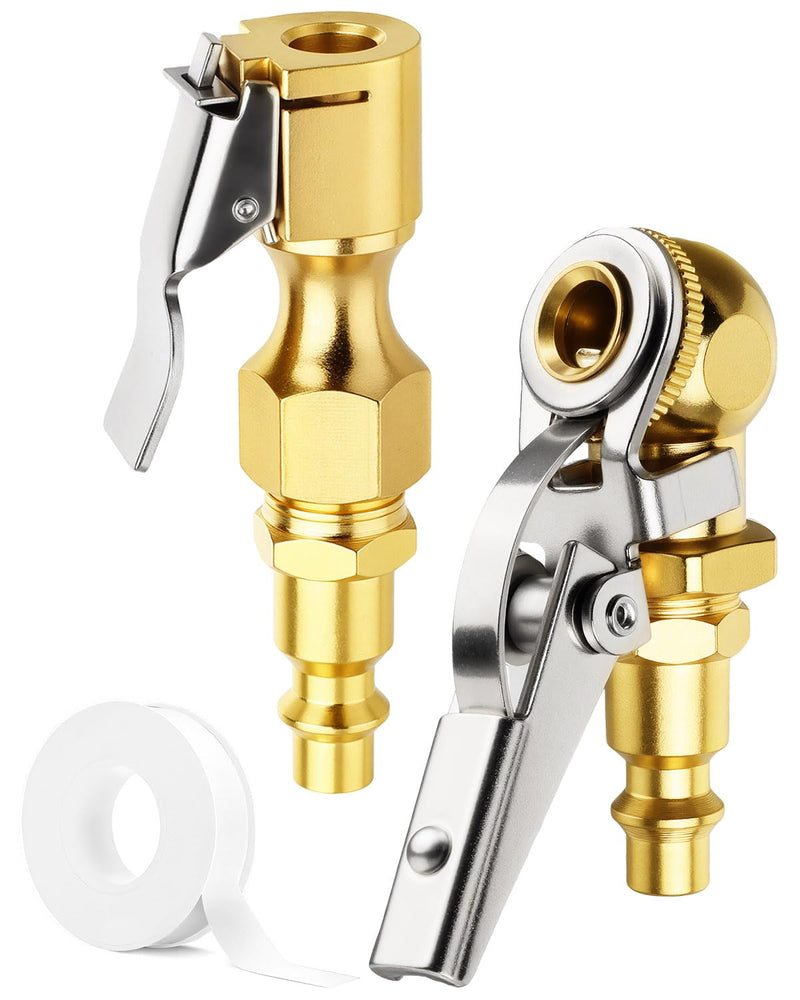 2-Pack Heavy Duty/Ball Clip Air Chuck Set, 1/4" FNPT Closed Flow Tire Chuck Inflator Nozzle, Compatible with Schrader Valves, Quick Connect Plug, Pure Brass. Ball Clip + Heavy Duty