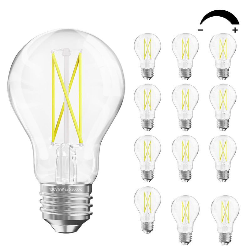 DAYBETTER 12 Pack A19 Vintage LED Edison Bulbs, 60W Equivalent Dimmable LED Bulbs, High Brightness 5000K Daylight, 800 Lumens, 8W E26 Standard Base, Ultra-Bright, CRI80+, Clear Glass Filament Bulb Daylight White 5000k