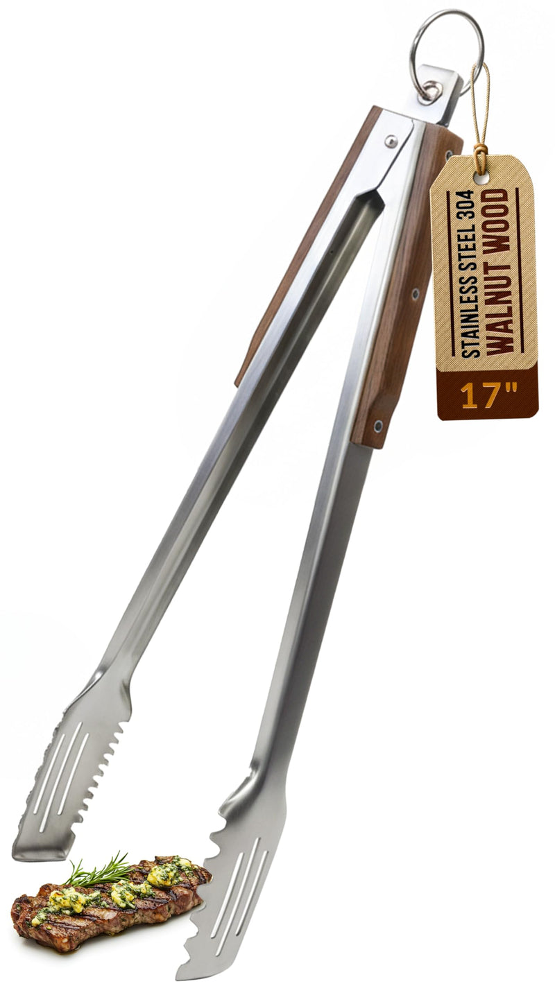 17-Inch Grill Tongs for Outdoor Grilling - Heavy Duty Stainless Steel Tongs with Luxurious Walnut Grip & Premium Gift Pouch - Extra Long BBQ Tongs for Grilling, Smoker & Outdoor Cooking
