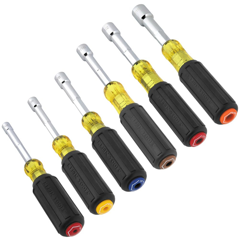 Klein Tools 65456MAG Heavy-Duty Hollow-Shaft Nut Driver Set, Magnetic, Color-Coded Hex Sizes 1/4 to 9/16-Inch, Cushion-Grip Handles, 6-Piece 6-Piece Set
