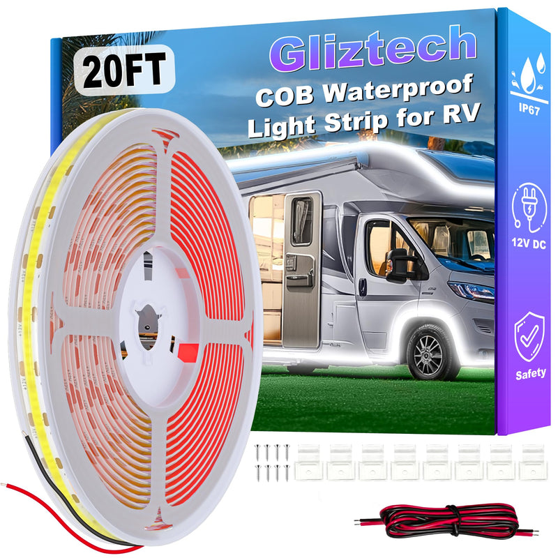 RV Awning Lights 20FT, Camper Awning Lights for RV Canopy Exterior, IP67 12V White COB Waterproof Underglow Led Light kit for Motorhome, Travel Party, Trailers, Food Trucks