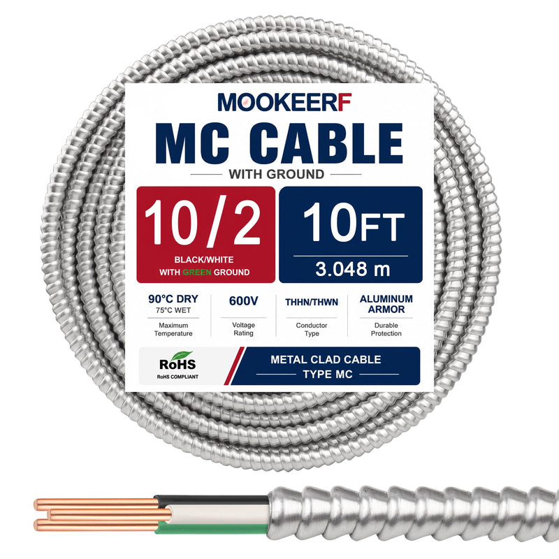 10/2 MC Cable with Ground - 10FT Pure Copper 10AWG/2 Metal Clad Wire with Aluminum Armor 10 Gauge 2 Conductor Type MC Alum Cable